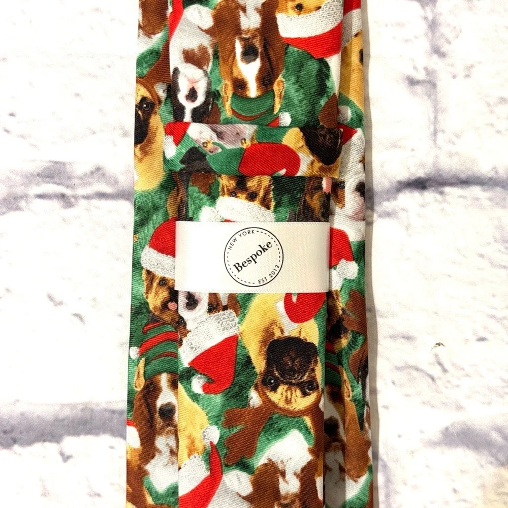Bespoke Christmas Dogs Holiday Tie Green Christmas Puppies with Santa Hats NWT